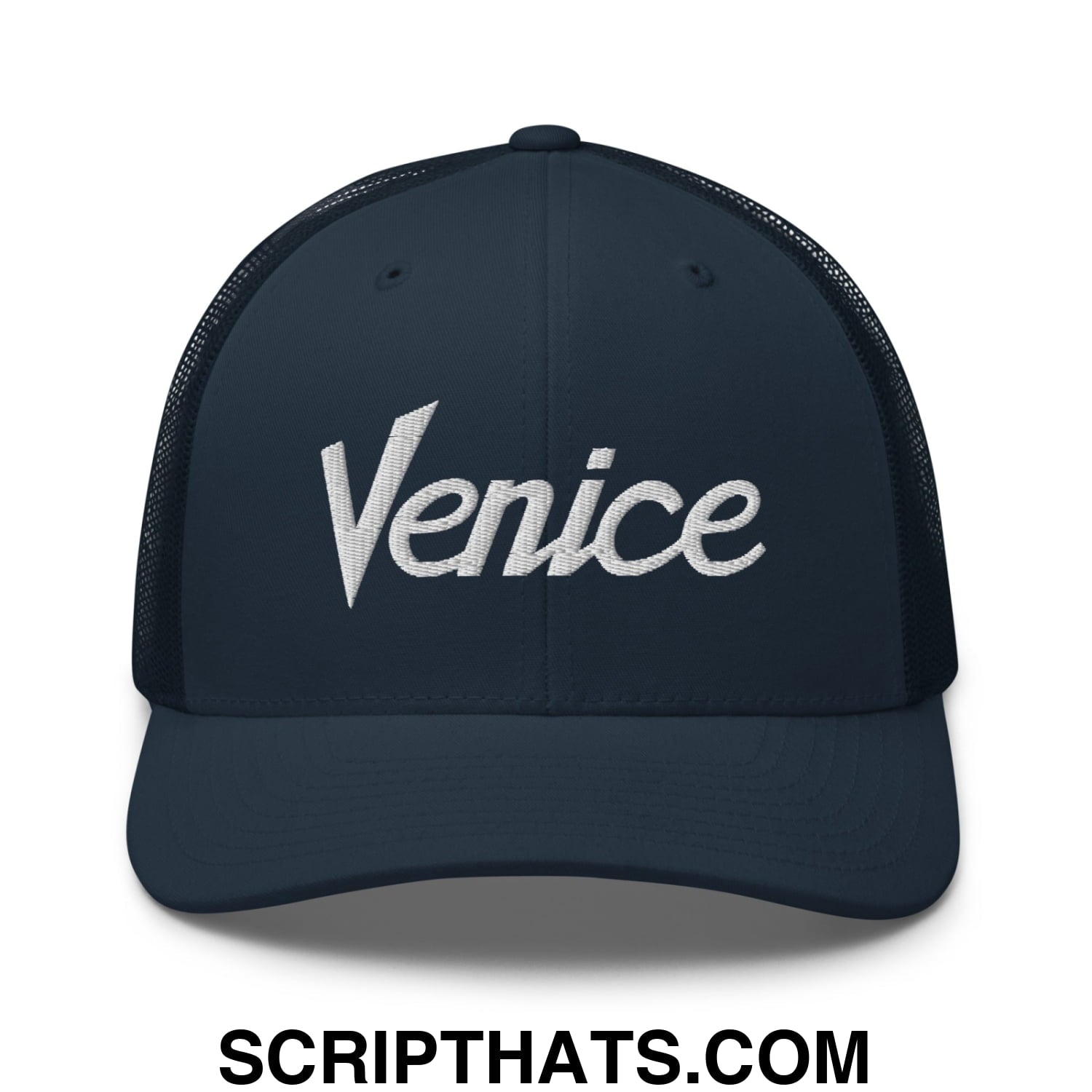 Venice Vintage Sports Script Embroidered Mesh Trucker Hat Navy