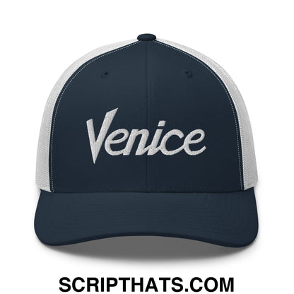 Venice Vintage Sports Script Embroidered Mesh Trucker Hat Navy White