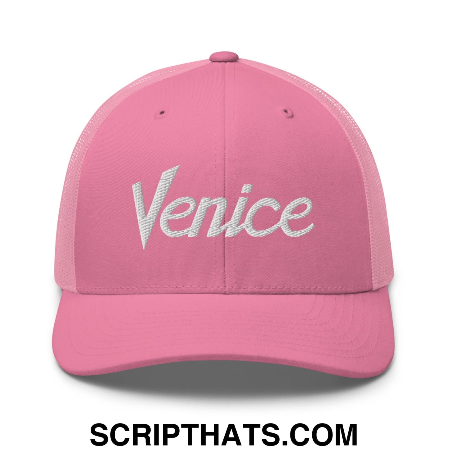 Venice Vintage Sports Script Embroidered Mesh Trucker Hat Pink