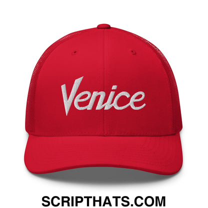 Venice Vintage Sports Script Embroidered Mesh Trucker Hat Red