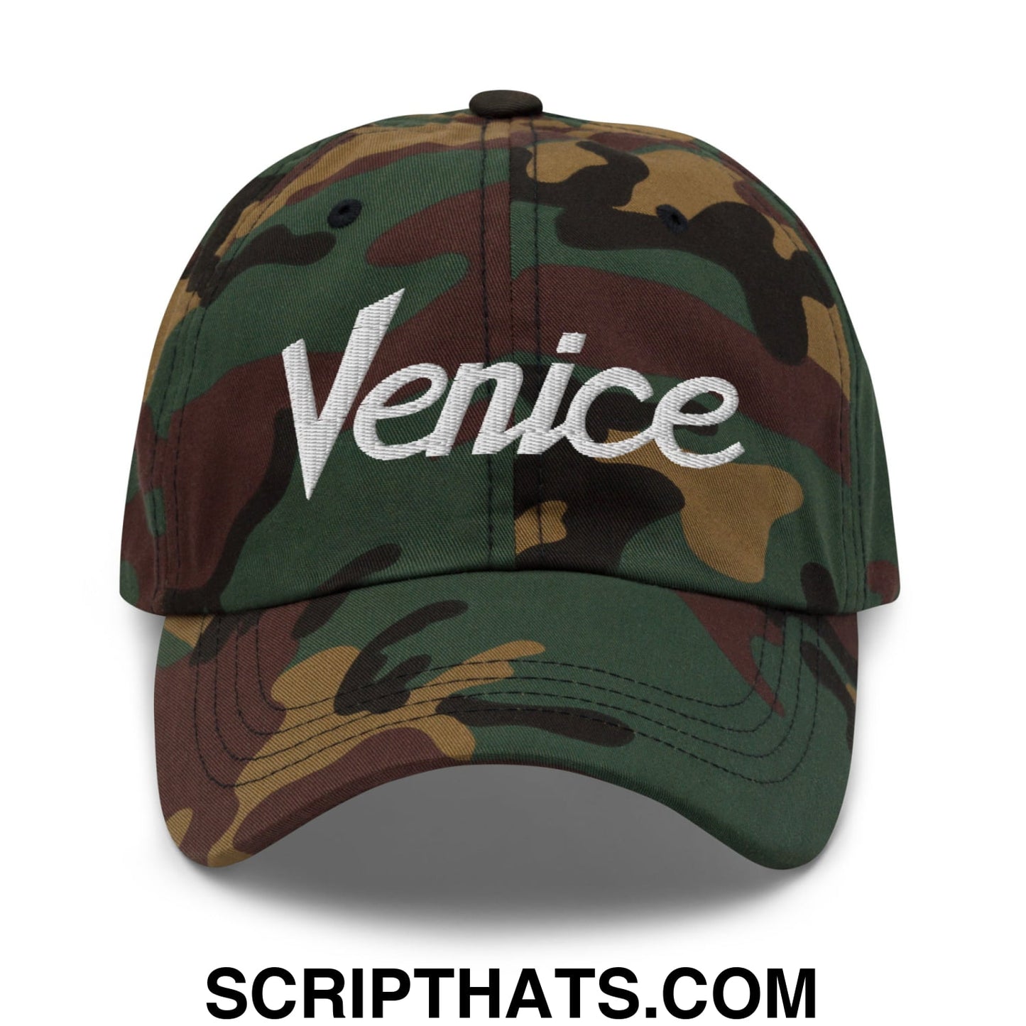 Venice Vintage Sports Script Embroidered Unstructured Dad Hat Green Camo