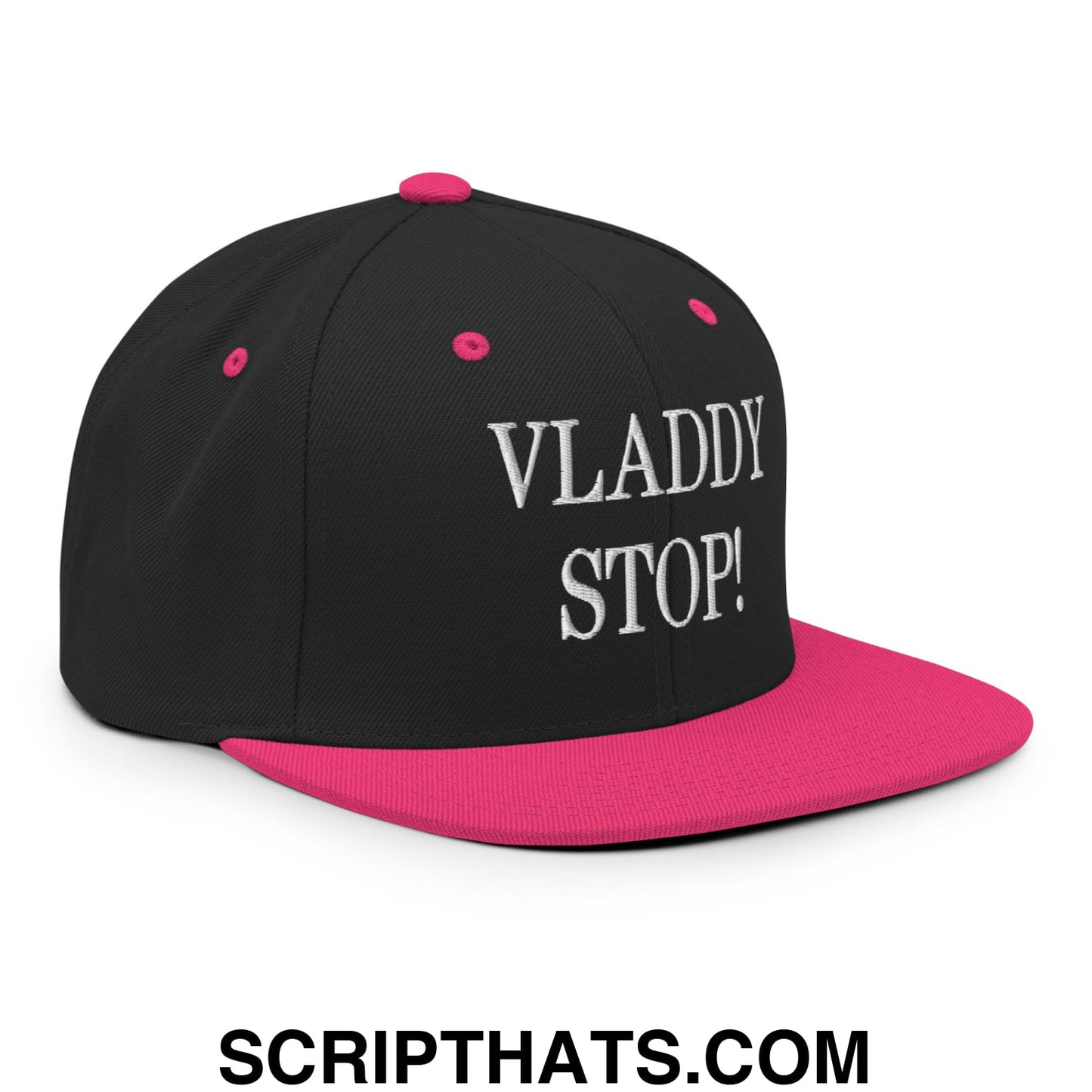 Vladdy Stop Embroidered Flat Bill Brim Snapback Hat Black Neon Pink