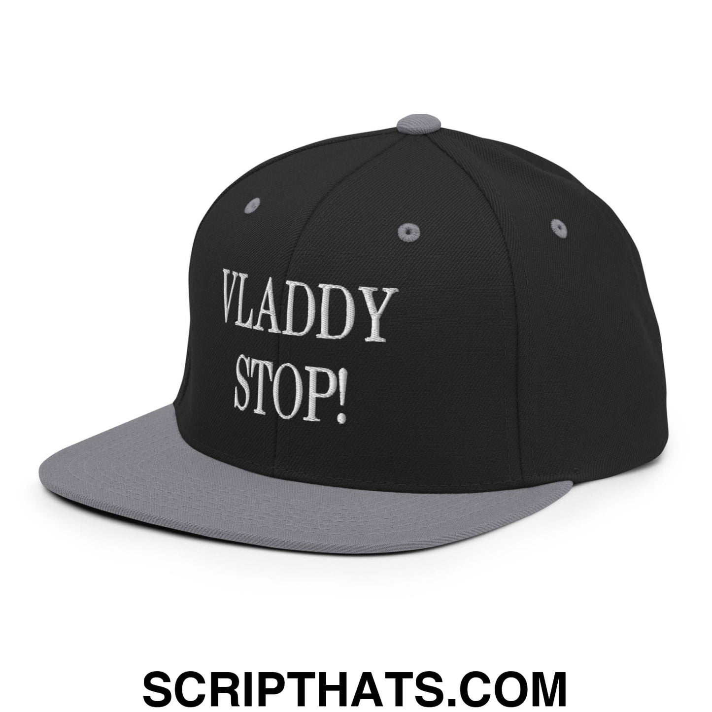 Vladdy Stop Embroidered Flat Bill Brim Snapback Hat Black Silver