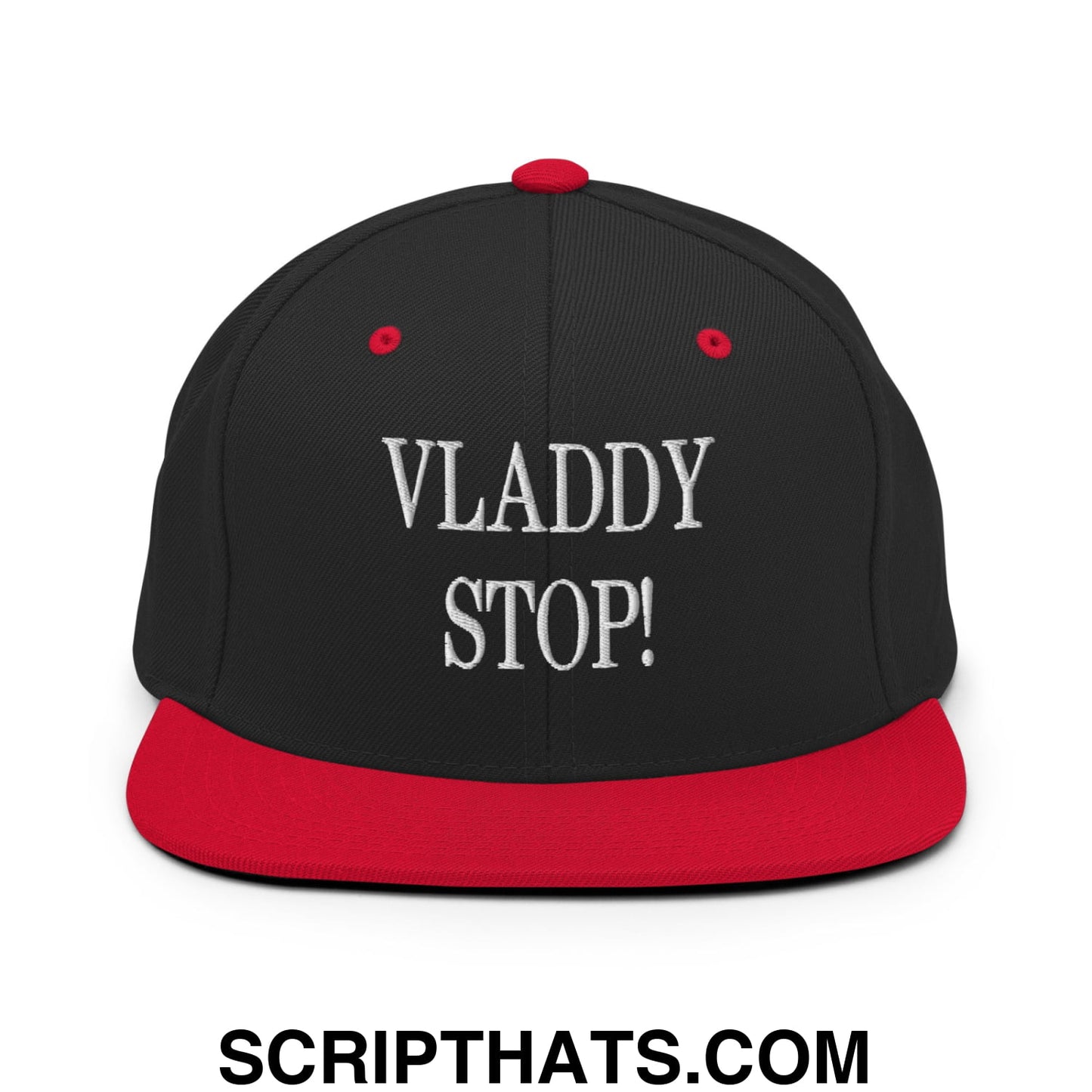 Vladdy Stop Embroidered Flat Bill Brim Snapback Hat Black Red