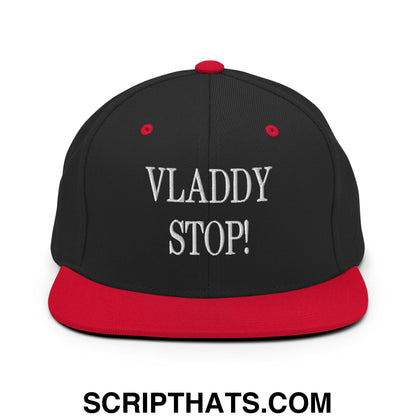 Vladdy Stop Embroidered Flat Bill Brim Snapback Hat Black Red