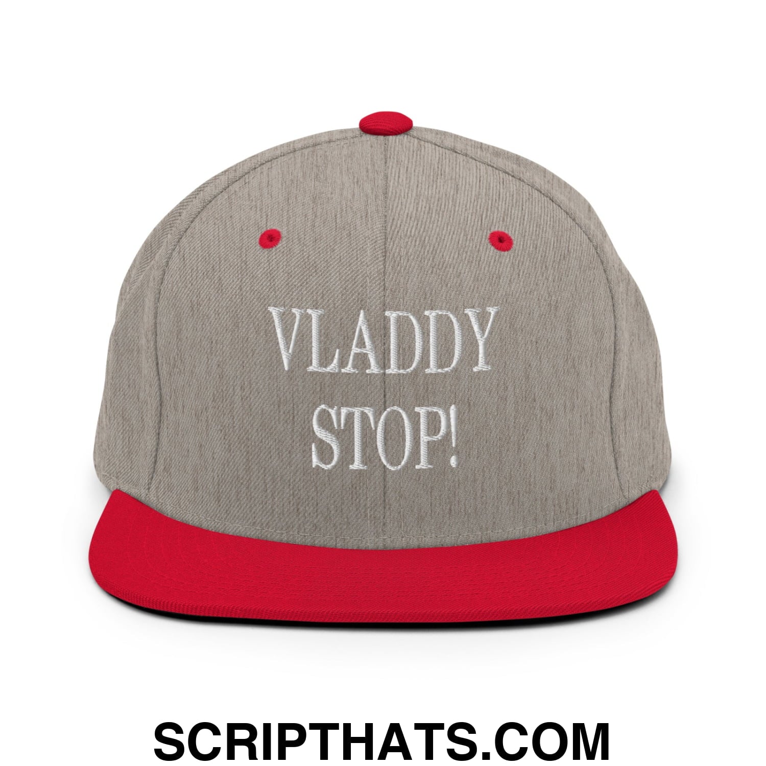Vladdy Stop Embroidered Flat Bill Brim Snapback Hat Heather Grey Red
