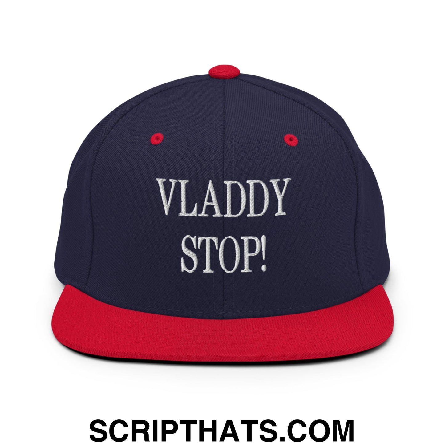 Vladdy Stop Embroidered Flat Bill Brim Snapback Hat Navy Red