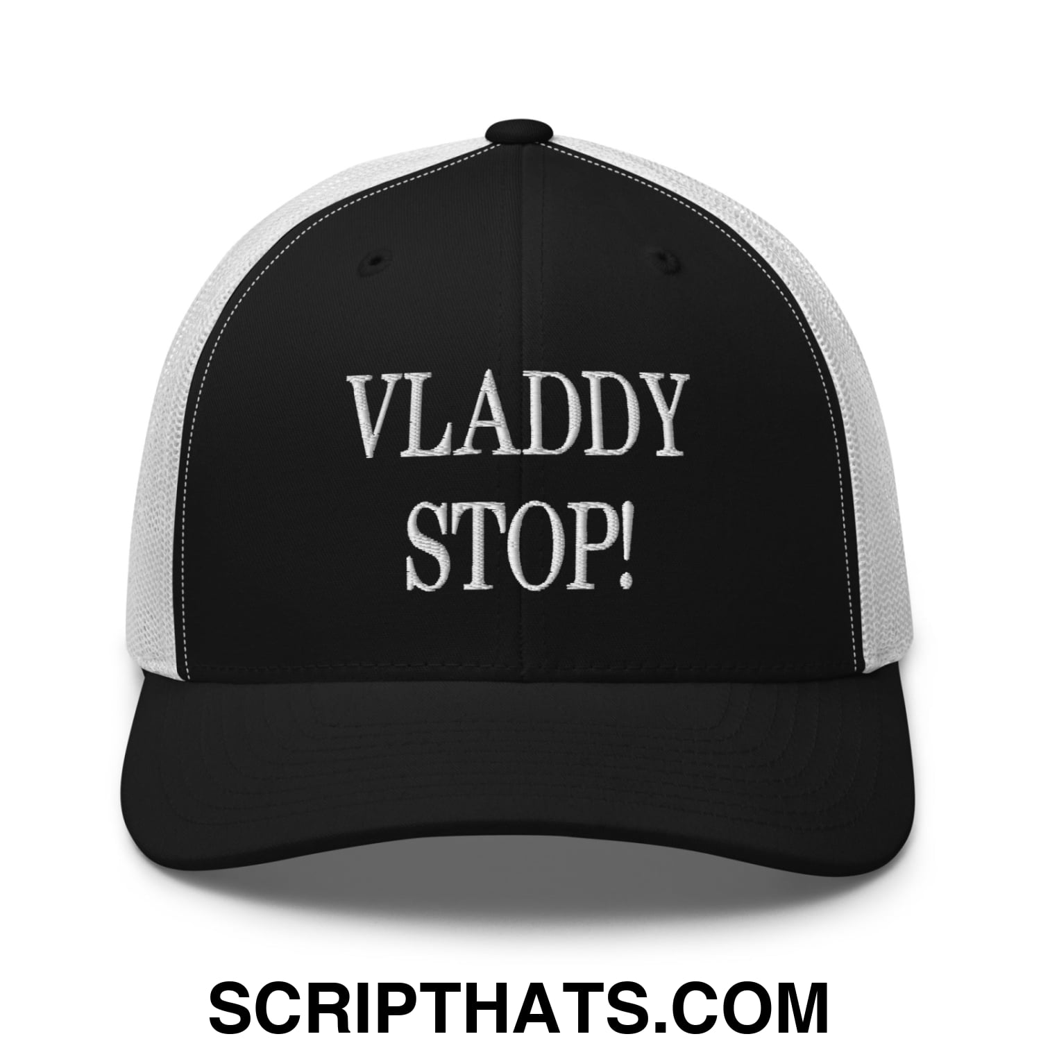 Vladdy Stop Embroidered Mesh Trucker Hat Black White