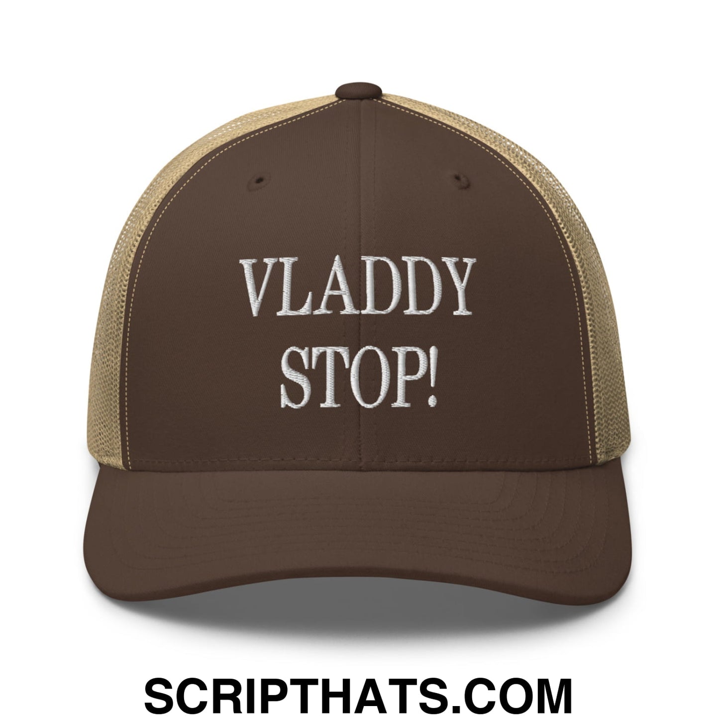 Vladdy Stop Embroidered Mesh Trucker Hat Brown Khaki