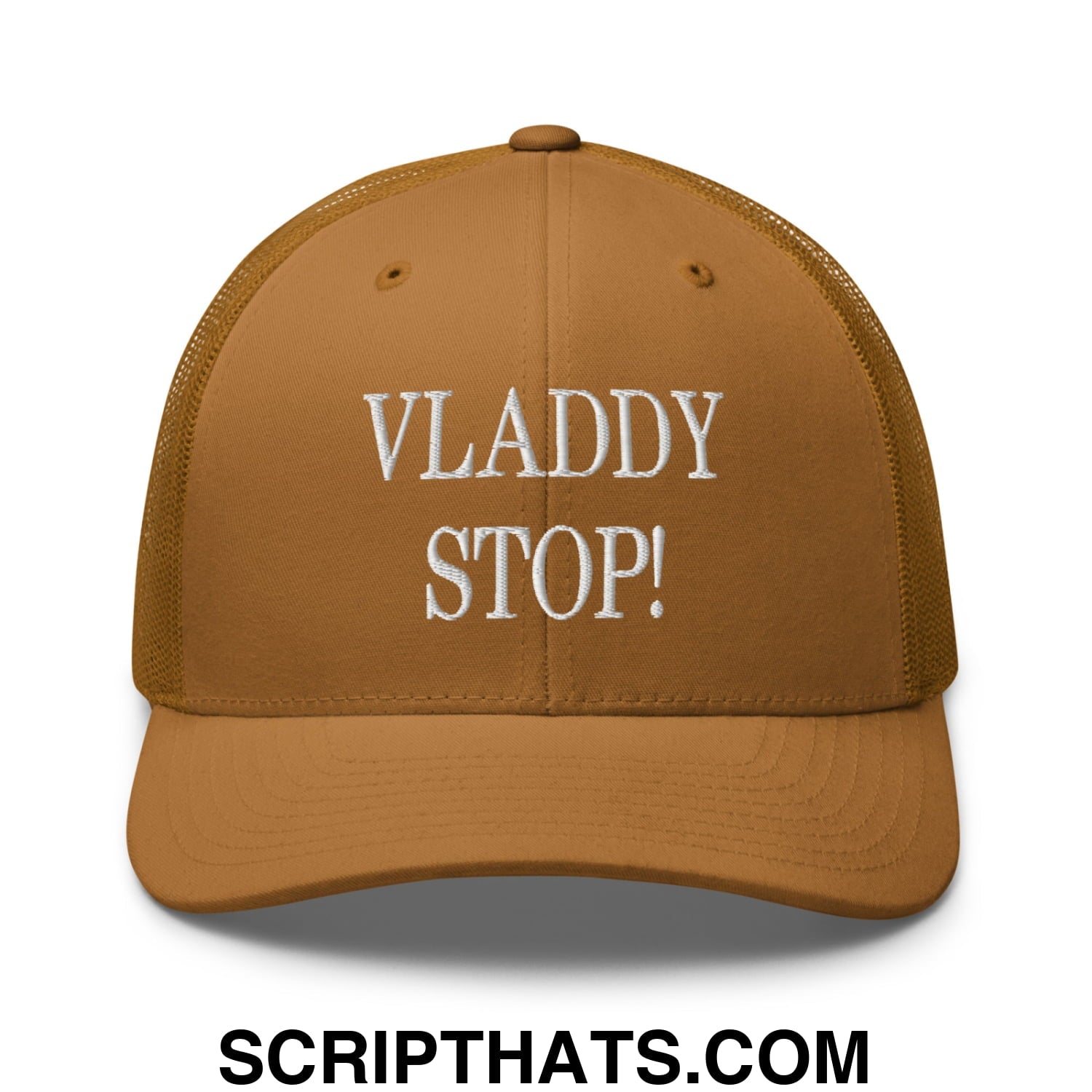 Vladdy Stop Embroidered Mesh Trucker Hat Caramel