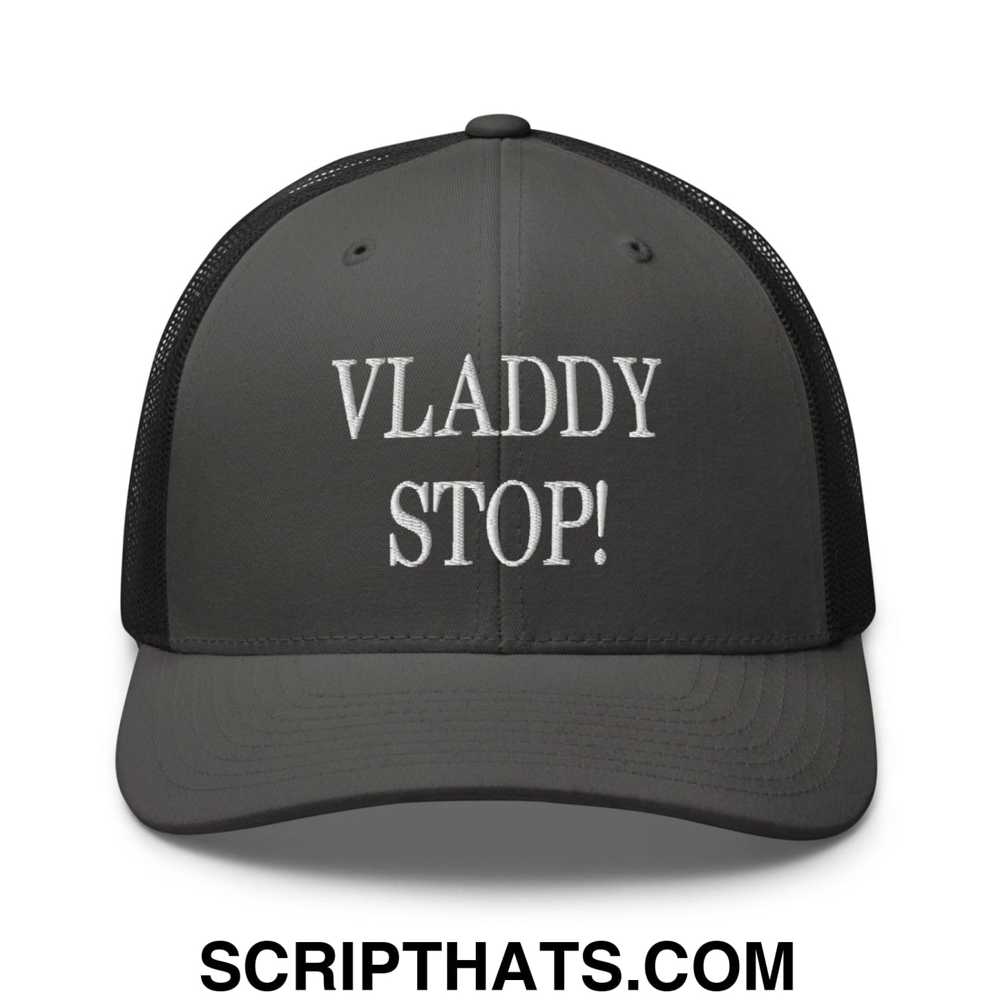 Vladdy Stop Embroidered Mesh Trucker Hat Charcoal Black