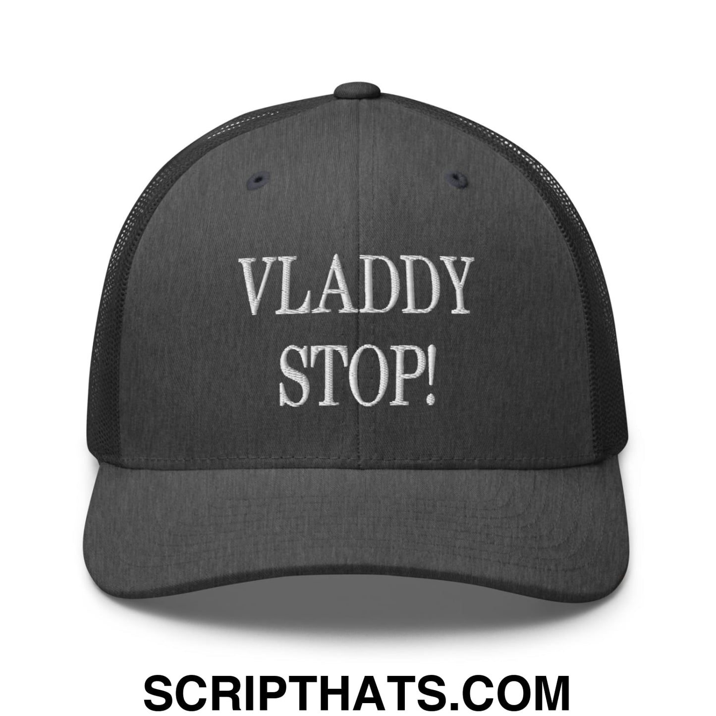 Vladdy Stop Embroidered Mesh Trucker Hat Dark Heather Gray