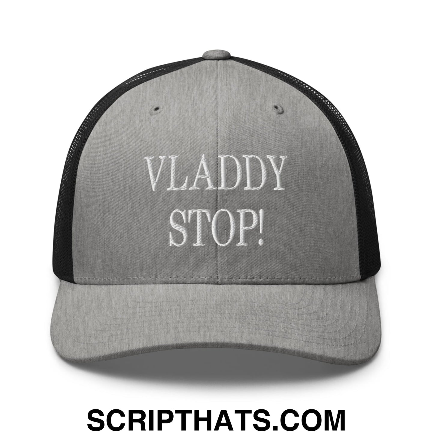 Vladdy Stop Embroidered Mesh Trucker Hat Heather Black
