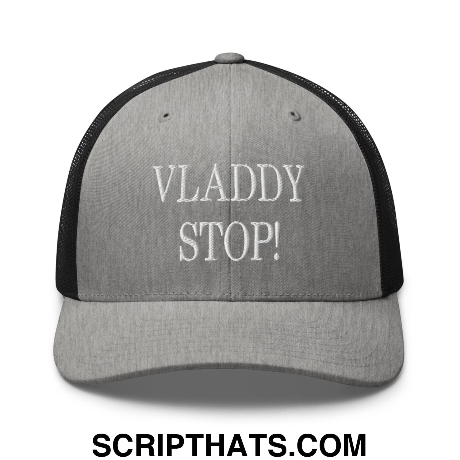 Vladdy Stop Embroidered Mesh Trucker Hat Heather Black