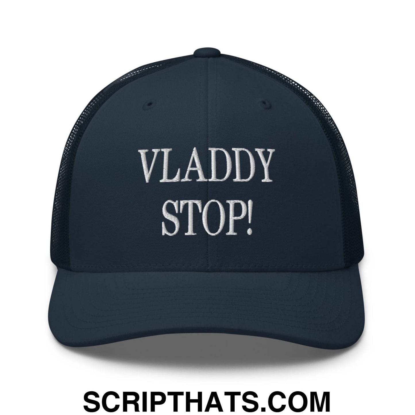 Vladdy Stop Embroidered Mesh Trucker Hat Navy