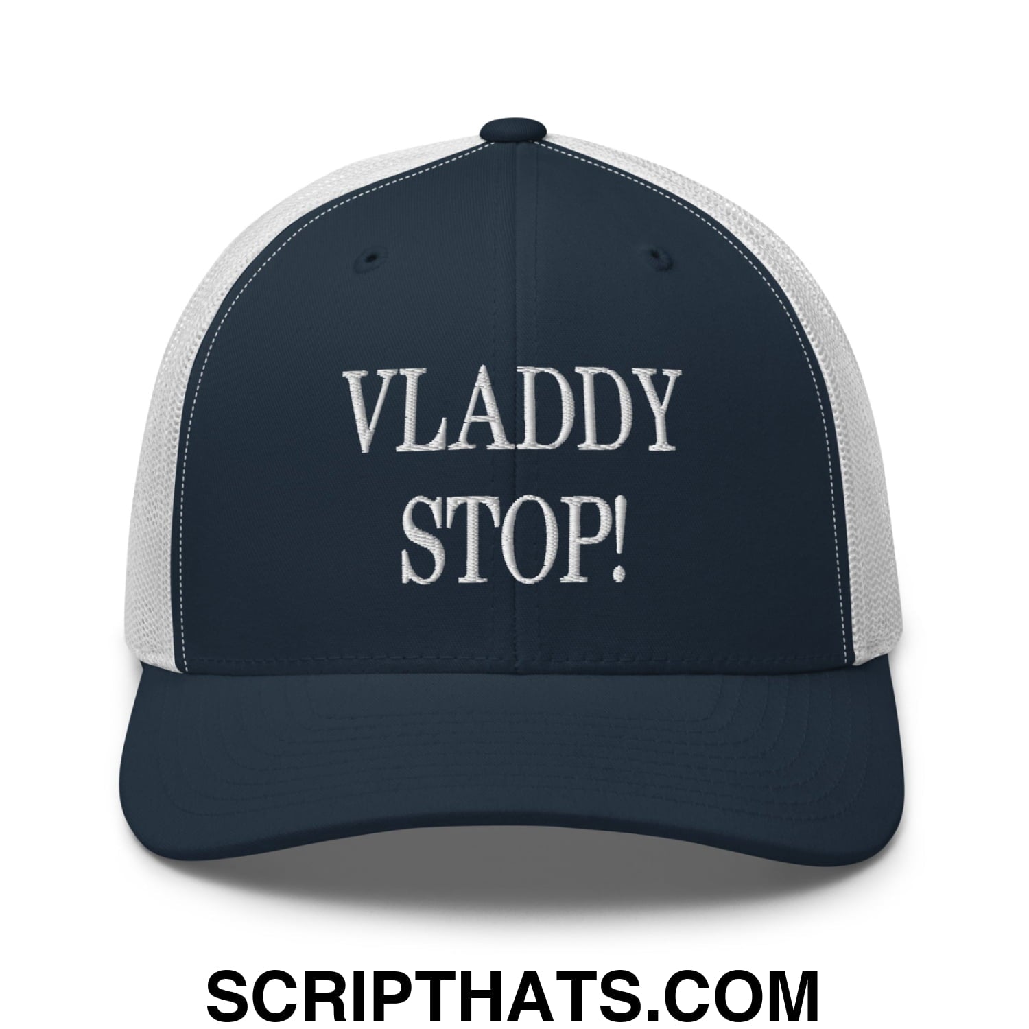 Vladdy Stop Embroidered Mesh Trucker Hat Navy White