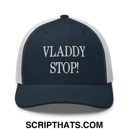 Vladdy Stop Embroidered Mesh Trucker Hat Navy White