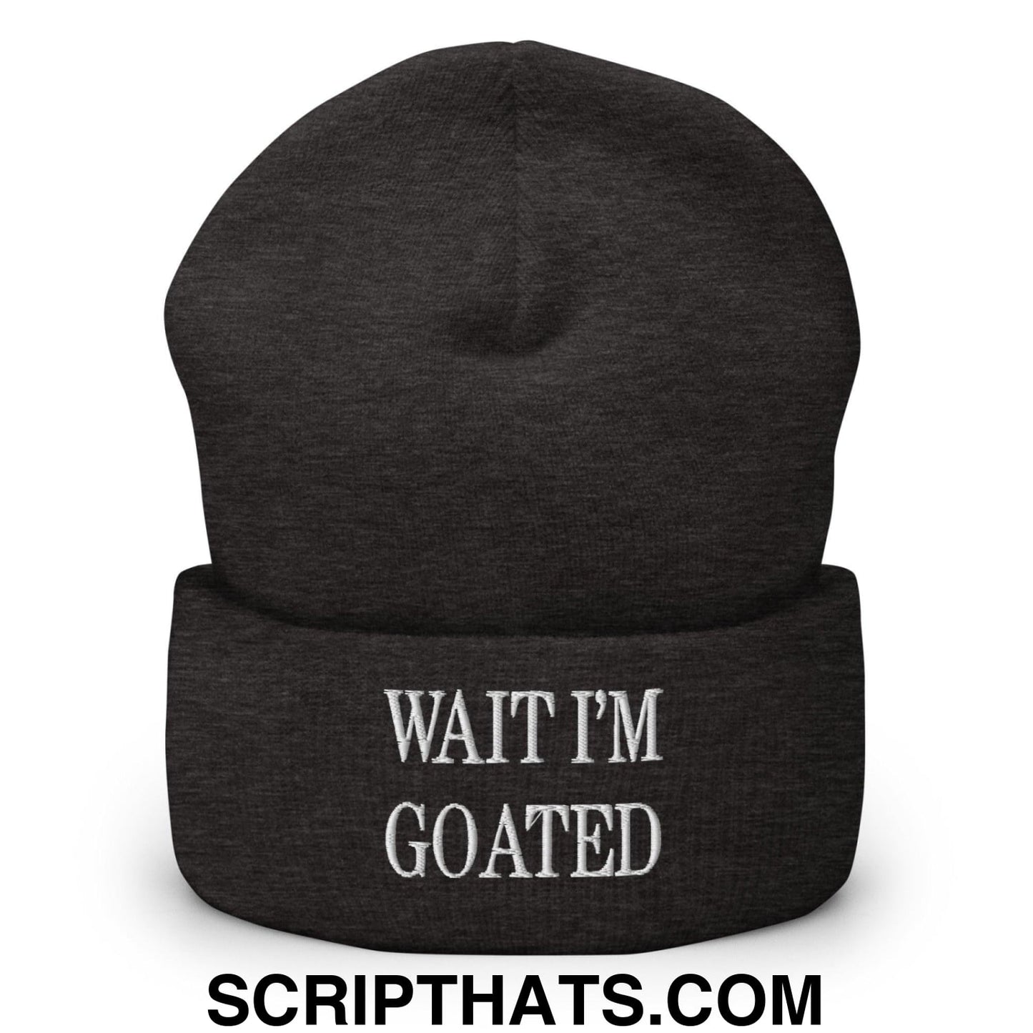 Wait I'm Goated Embroidered Knit Cuffed Beanie Dark Grey