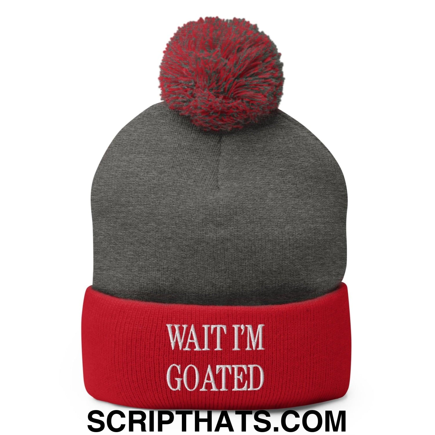 Wait I'm Goated Embroidered Knit Pom Pom Beanie Dark Heather Grey Red