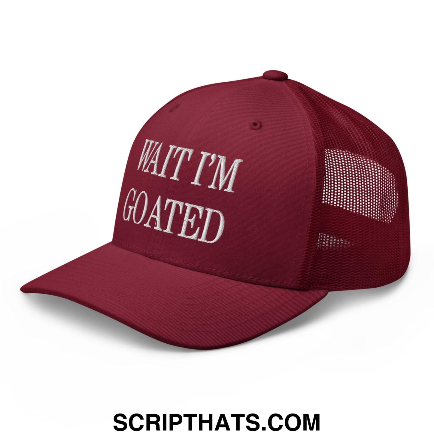 Wait I'm Goated Embroidered Mesh Trucker Hat Cranberry