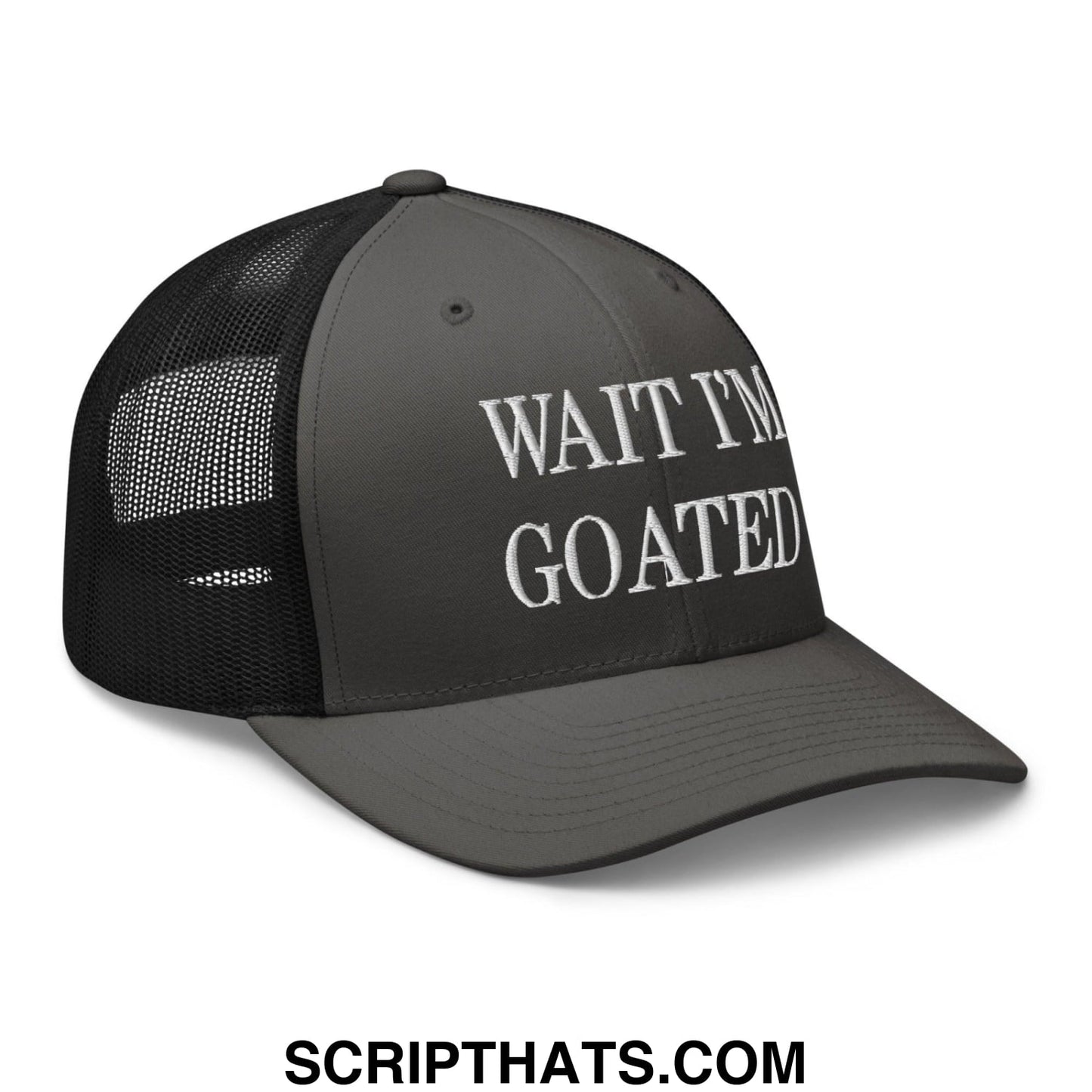 Wait I'm Goated Embroidered Mesh Trucker Hat Charcoal Black