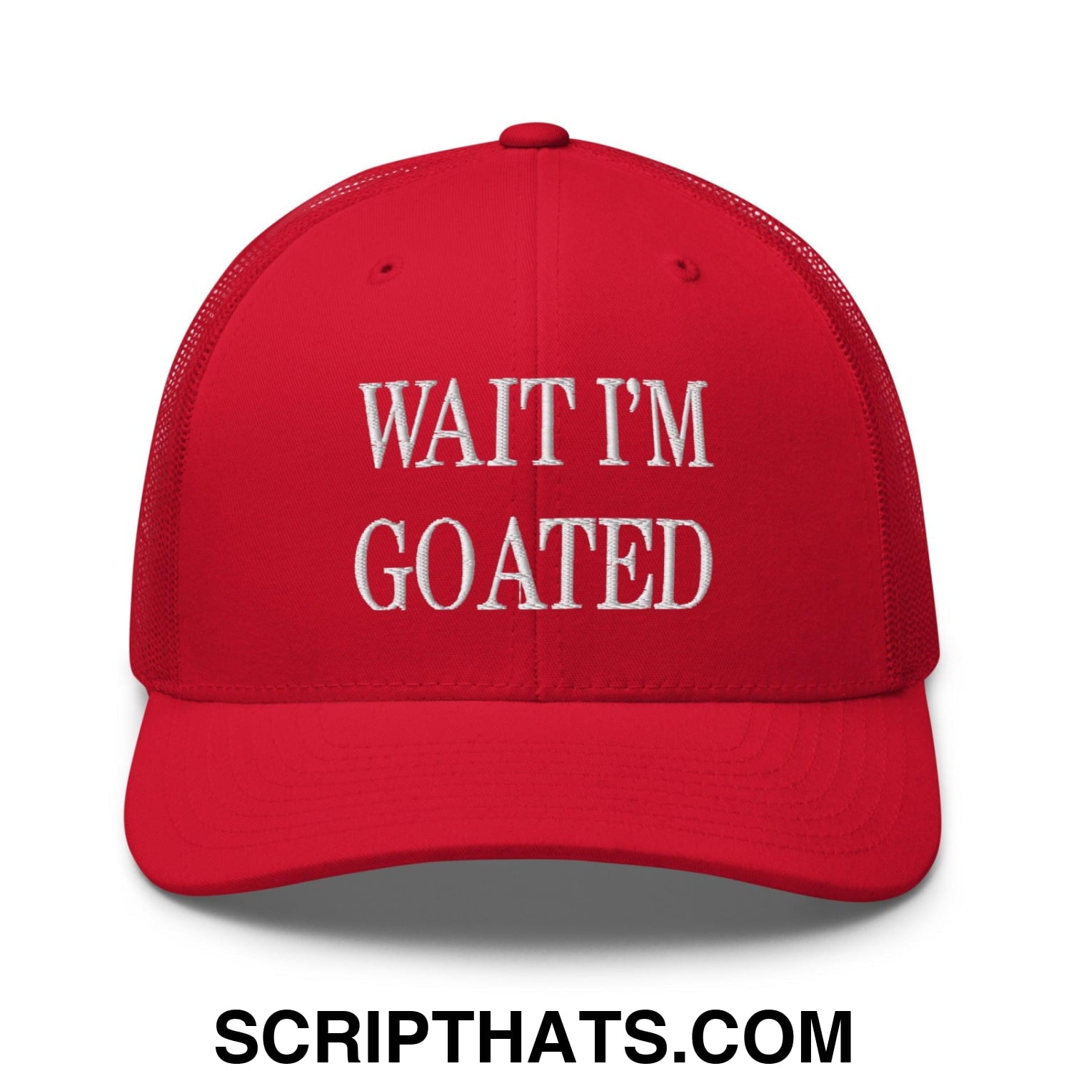 Wait I'm Goated Embroidered Mesh Trucker Hat Red