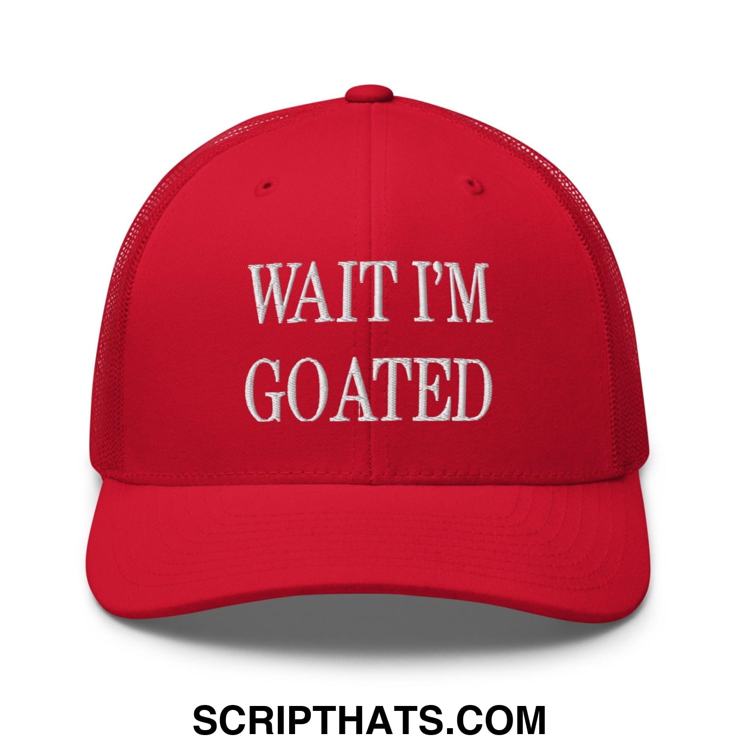 Wait I'm Goated Embroidered Mesh Trucker Hat Red