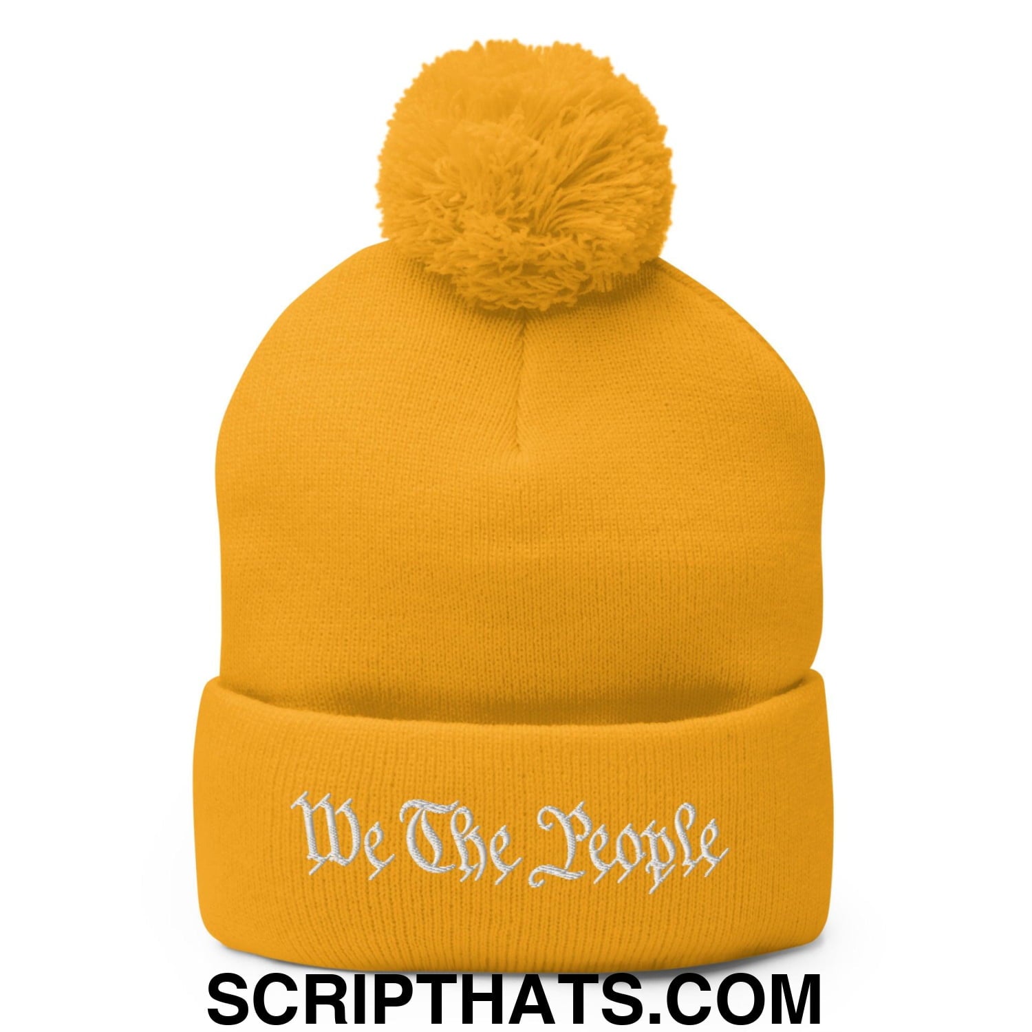 We The People Embroidered Knit Pom Pom Beanie Gold