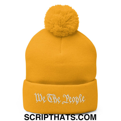 We The People Embroidered Knit Pom Pom Beanie Gold