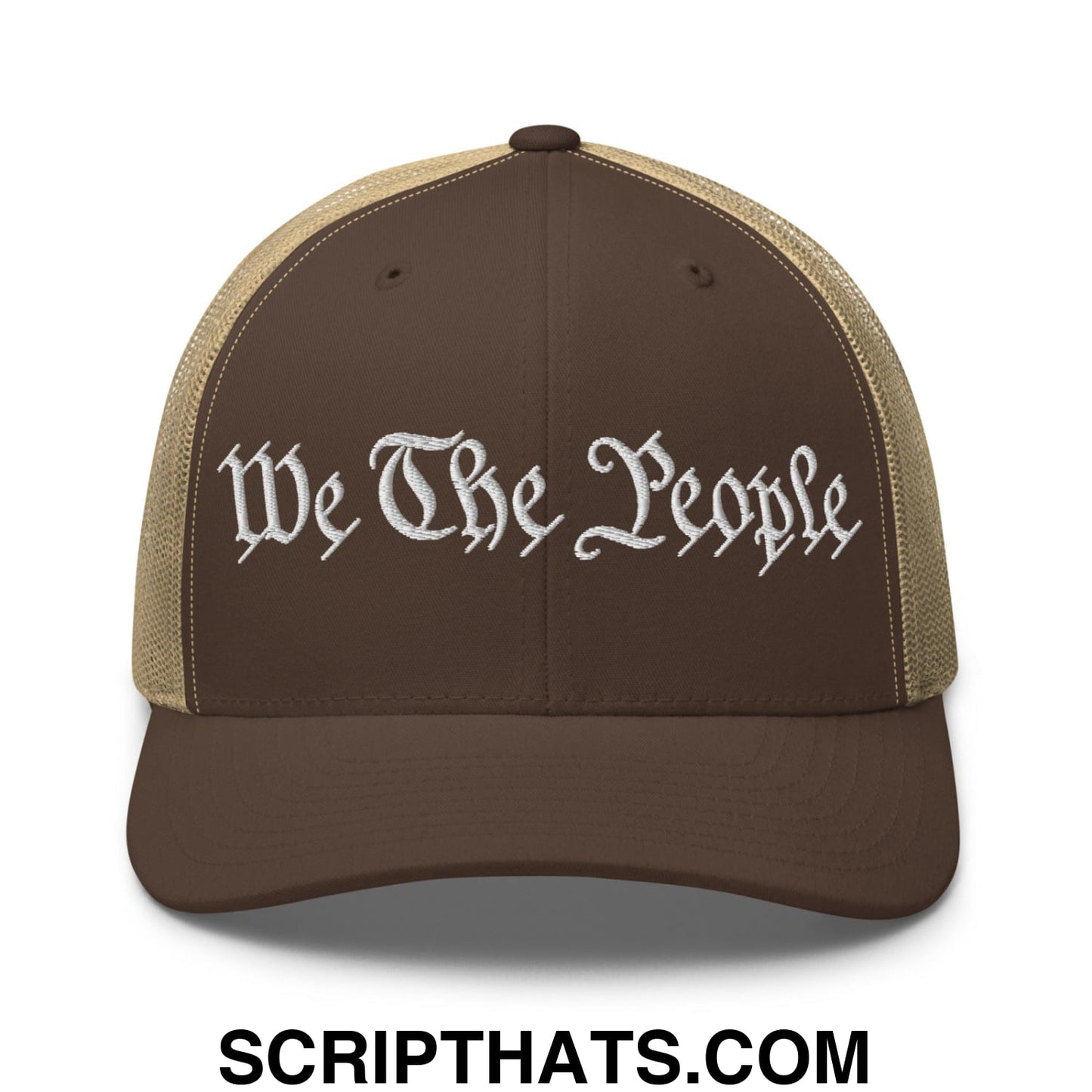 We The People Embroidered Mesh Trucker Hat Brown Khaki