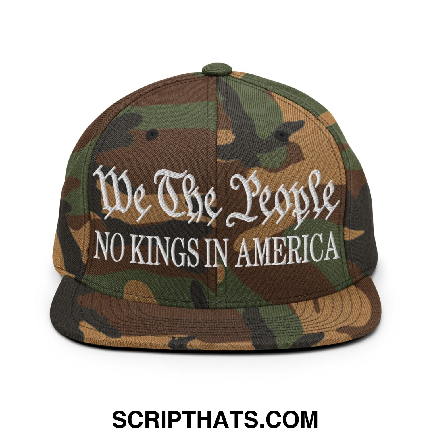 We The People No Kings in America Embroidered Flat Bill Brim Snapback Hat Green Camo