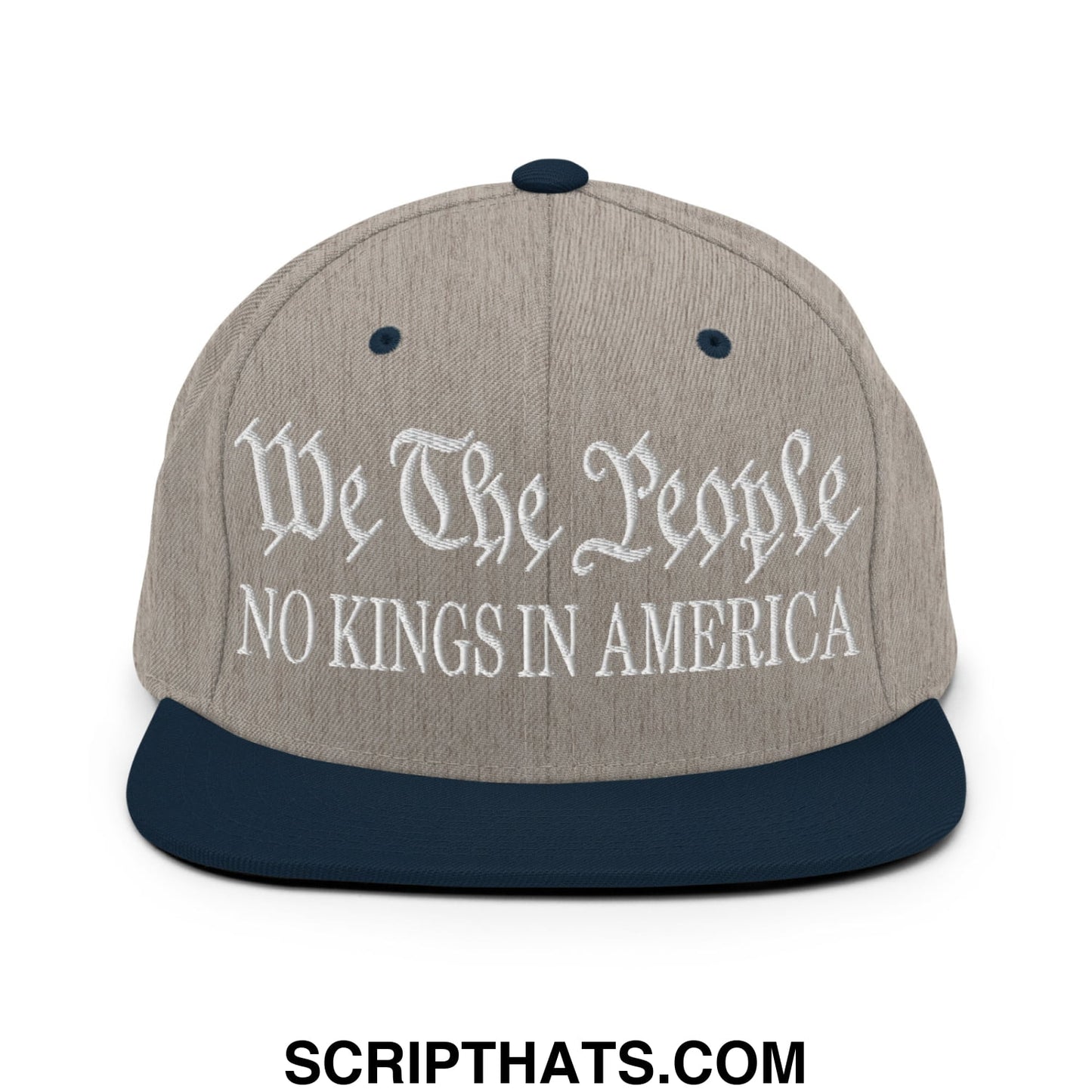 We The People No Kings in America Embroidered Flat Bill Brim Snapback Hat Heather Grey Navy