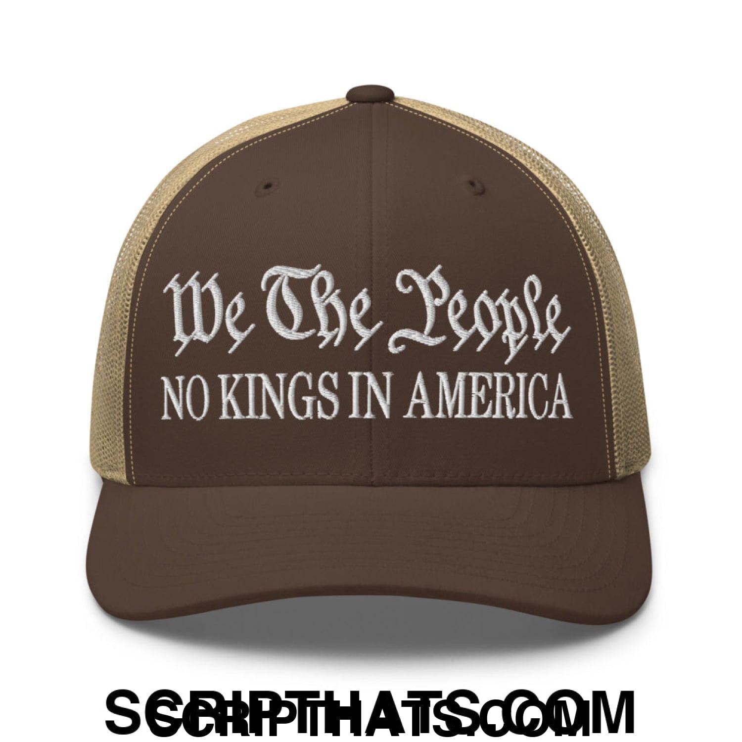 We The People No Kings in America Embroidered Mesh Trucker Hat Moss Khaki