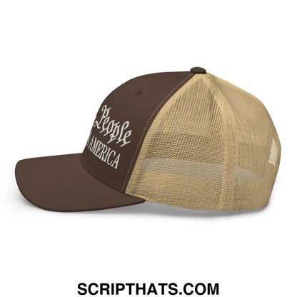 Brown and tan mesh trucker hat with white embroidered people of america script on front panel for casual wear