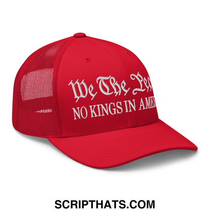 Red mesh trucker hat with white embroidered we the people no kings in america text on the front panel