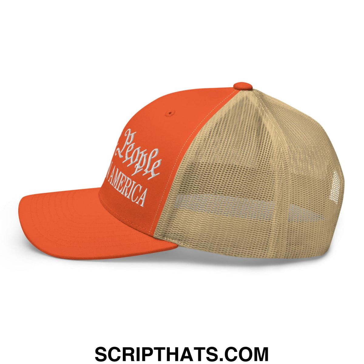 Orange and beige mesh trucker hat with white embroidered people america script front for casual wear