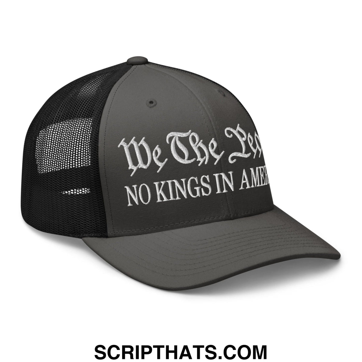 Black mesh trucker hat with white embroidered we the leg no kings in amer text on front panel for casual wear