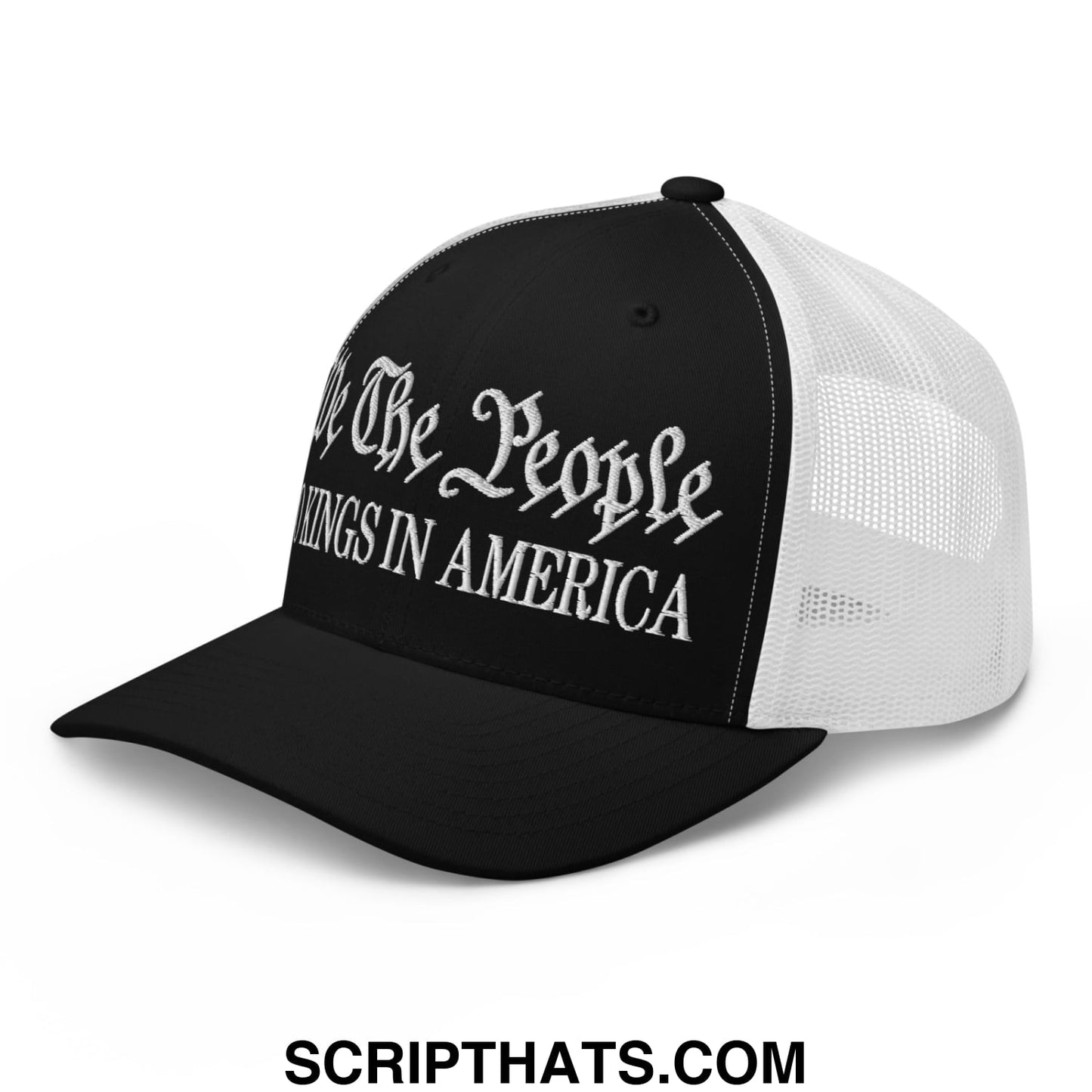 Black and white mesh trucker hat with embroidered all the people script and kings in america block text