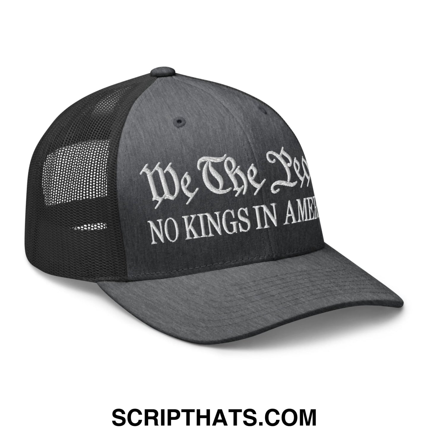 Black mesh trucker hat with white embroidered we the people no kings in america text on front panel
