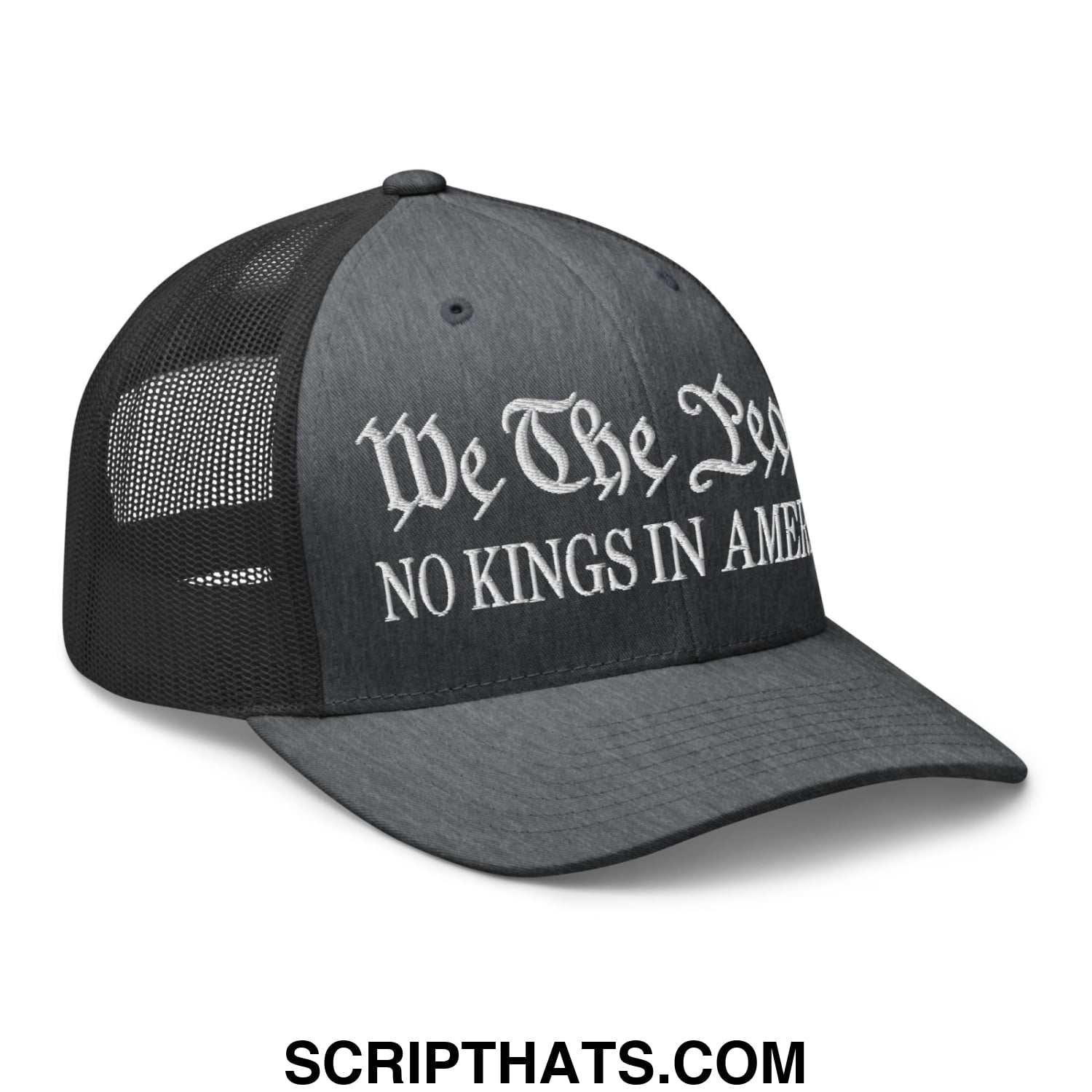 Black mesh trucker hat with white embroidered we the people no kings in america text on front panel