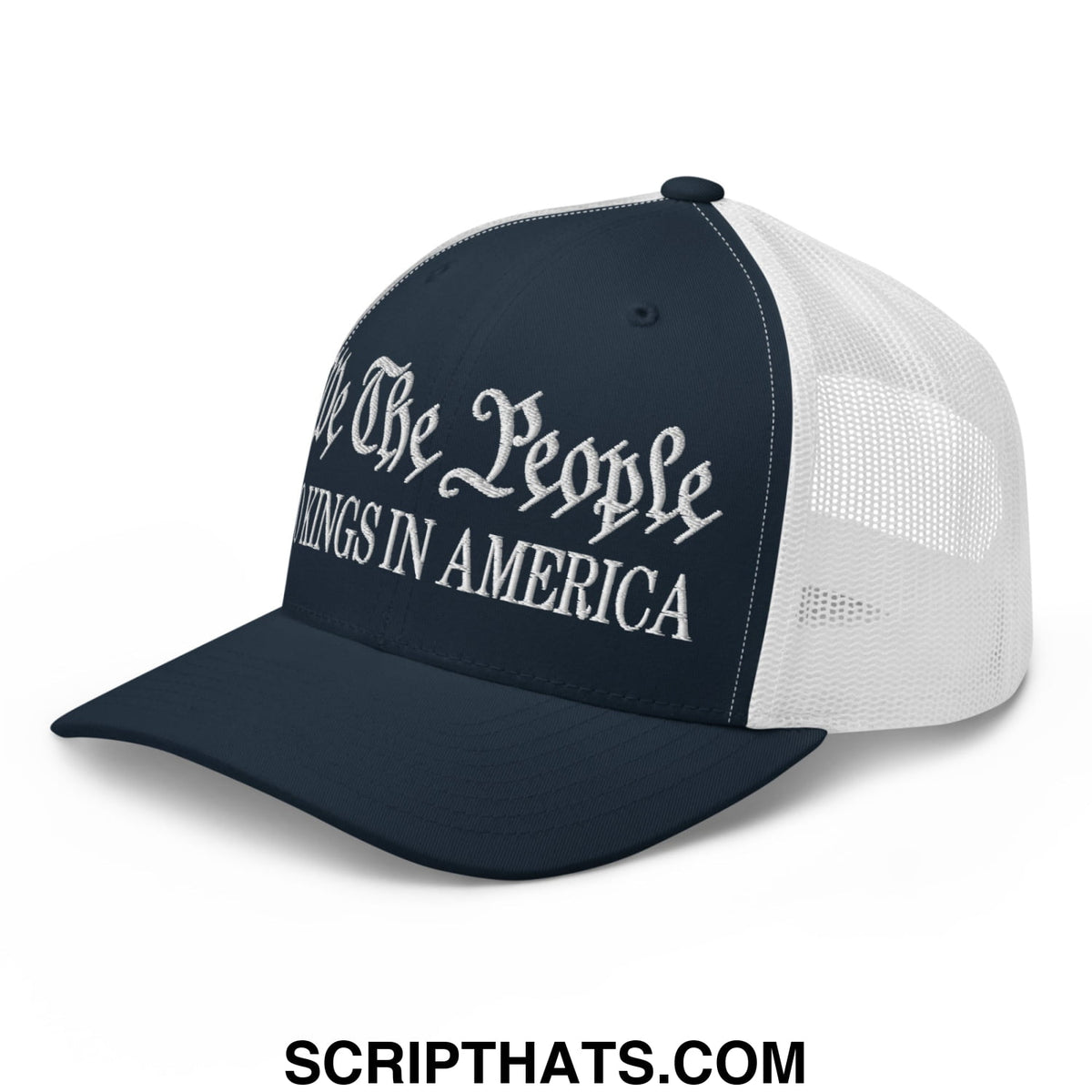 Navy blue and white mesh trucker hat embroidered with all the people script above kings in america block letters