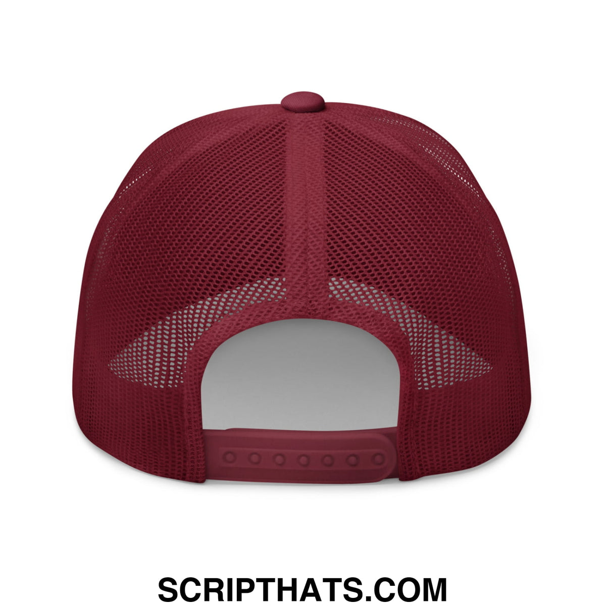 Maroon mesh trucker hat with adjustable strap and button from we the people no kings in america embroidered collection