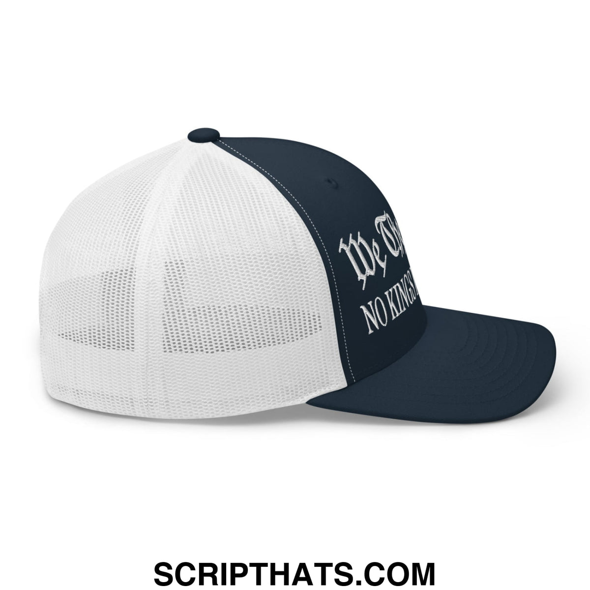 Navy blue and white mesh trucker hat with embroidered we the people script front for no kings in america design