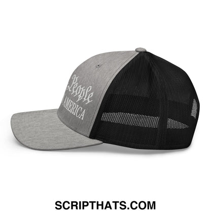 Gray and black mesh trucker hat with people of america embroidered in white on front panel for casual wear