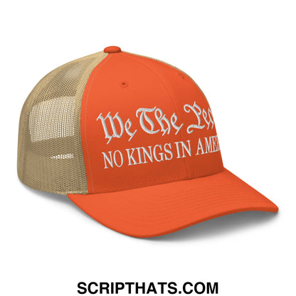 Orange and tan mesh trucker hat with white embroidered text we the people no kings in america design