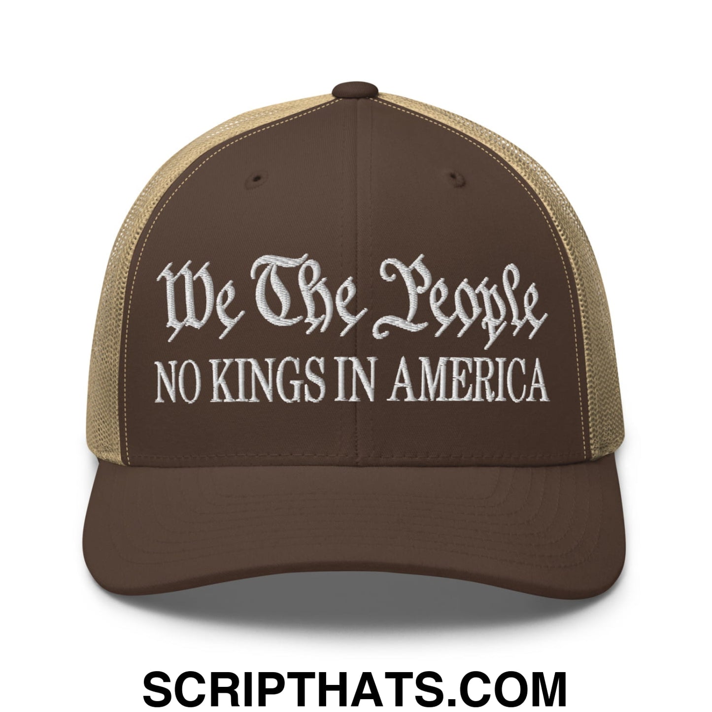 We The People No Kings in America Embroidered Mesh Trucker Hat Brown Khaki