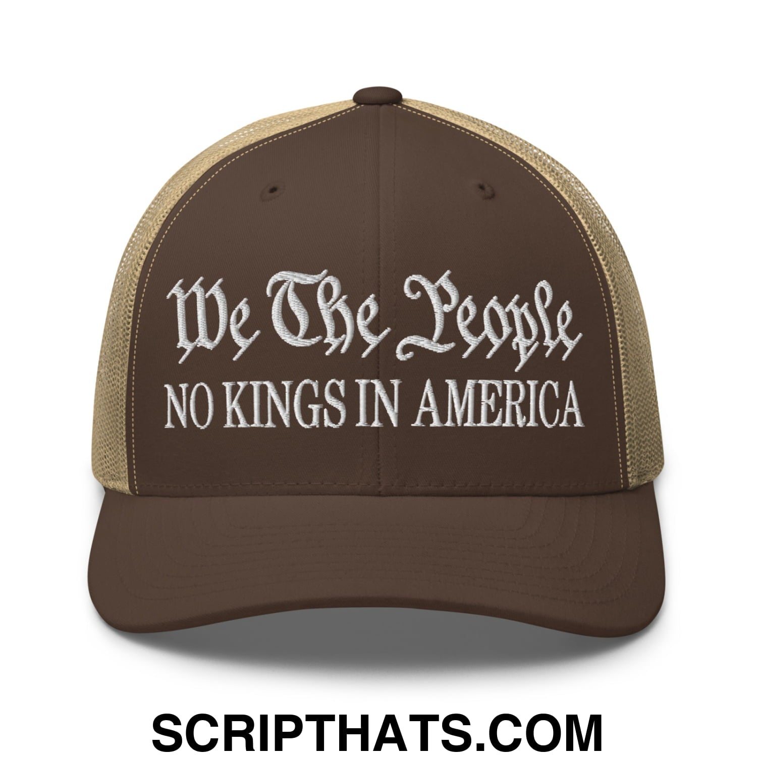 We The People No Kings in America Embroidered Mesh Trucker Hat Brown Khaki