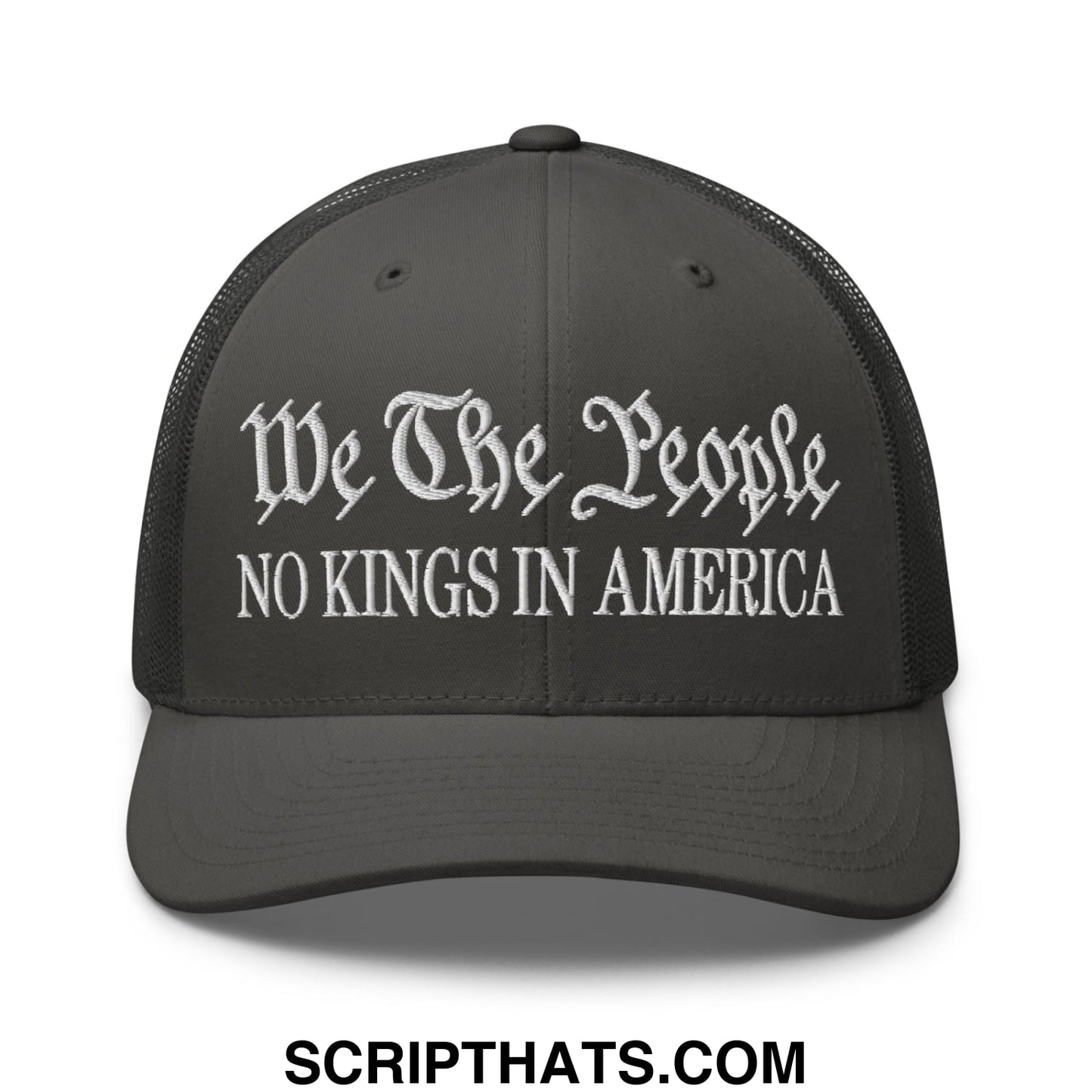 Black mesh trucker hat with white embroidered text we the people and no kings in america for patriotic style