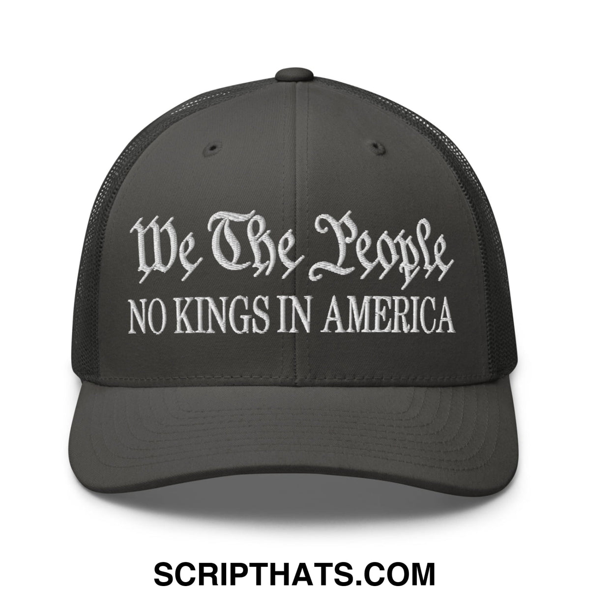 Black mesh trucker hat with white embroidered text we the people and no kings in america for patriotic style