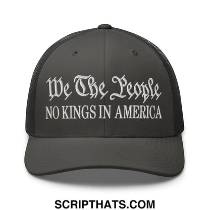 Black mesh trucker hat with white embroidered text we the people and no kings in america for patriotic style